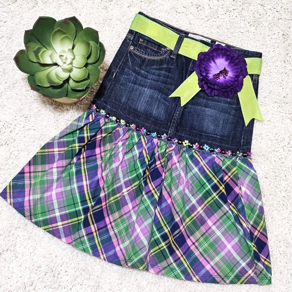 Skirt. Denim Purple Green Pink Multi Plaid. Upcycled. Girls Size 6. GUC.